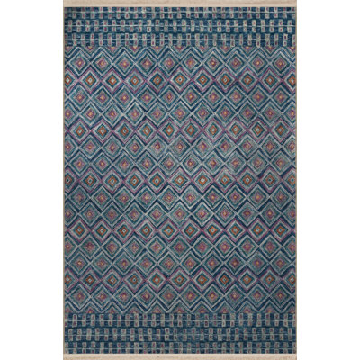 Blue Themed Multicolored Motif Geometric Patterned Vintage Decorative Carpet