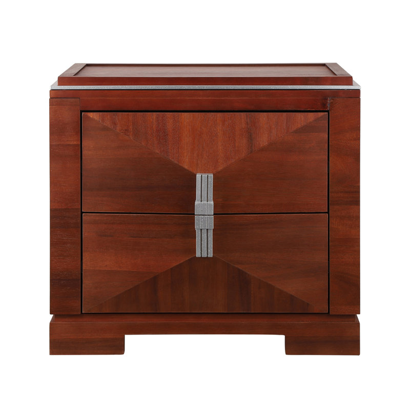 Table de chevet moderne en bois Orion avec tiroirs à motif de losanges et accents argentés Mid-Century, Marron foncé