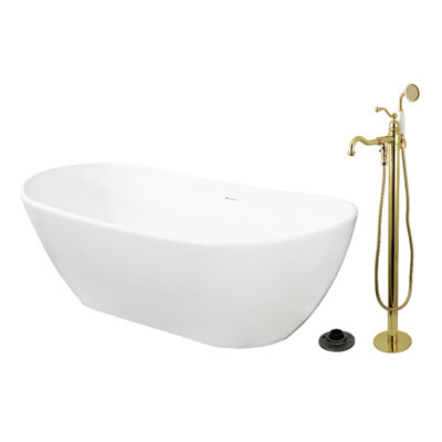 Kingston Brass Arcticstone 72-Inch Solid Surface Oval Double Ended Freestanding Tub With Faucet Combo And Drain