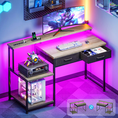 Computer Desk With Recessed Power Outlet And 2-tier Fabric Drawers,gaming Desk With Led Lights, Office Desk With Printer Storage Shelves, Reversible Desk With Monitor Shelf 