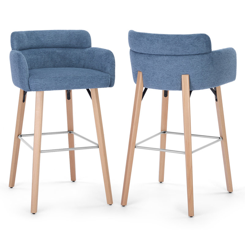 Modern 30" Bar Stool with Upholstered Barrel Back and Solid Wood Legs, Blue