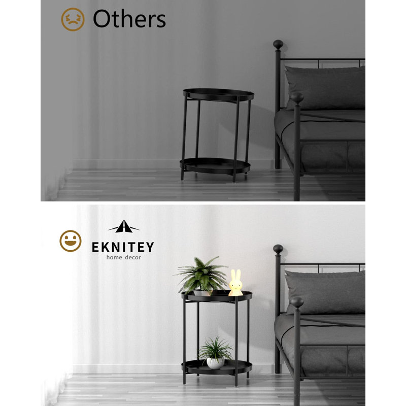 2-Tier Metal End Table With Removable Tray, Waterproof Side Table For Indoor & Outdoor Use, Small Sofa Coffee Table For Living Room, Bedroom, Balcony, Office & Patio.black
