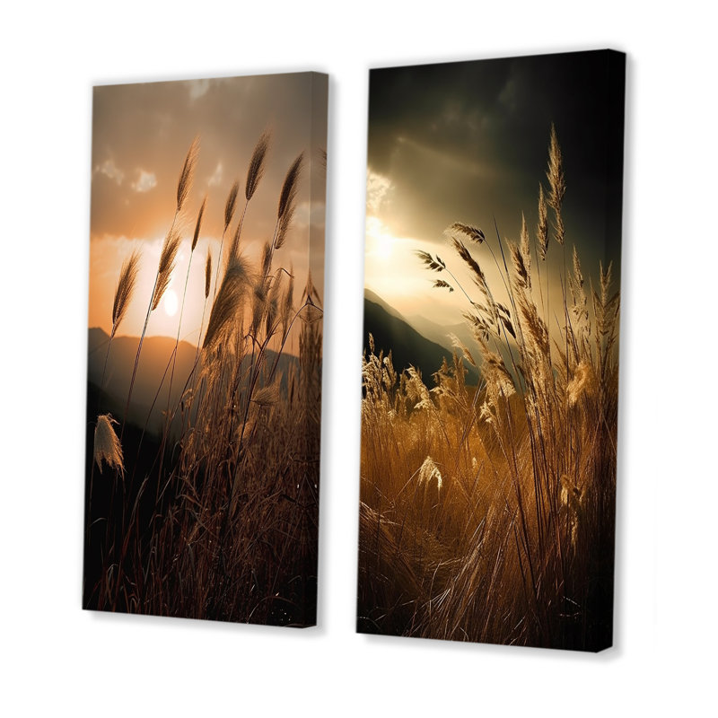 Beachgrass In Motion At Sunset - ensemble de 2 décorations murales herbes, H 28 po x l 25 po, Toile tendue