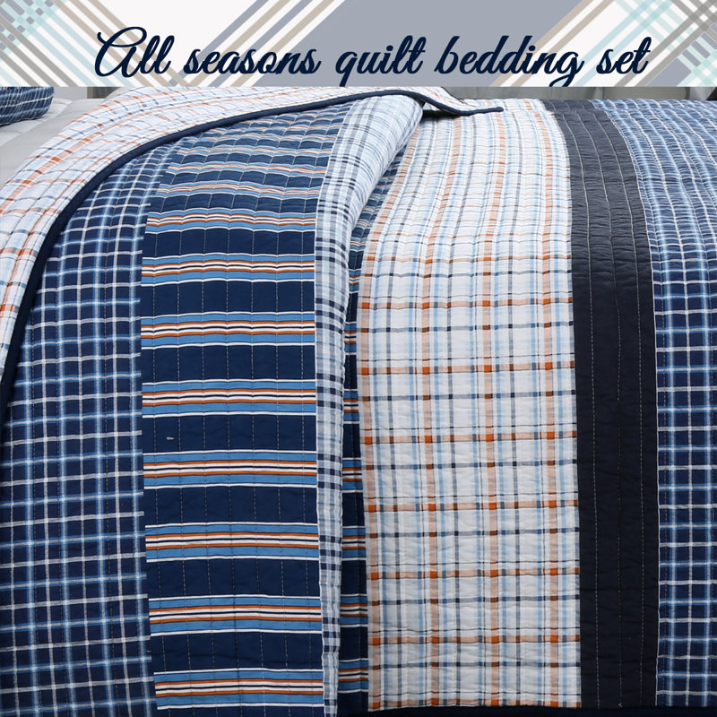 Blue and Orange Plaid Cotton Twin Reversible Quilt Set