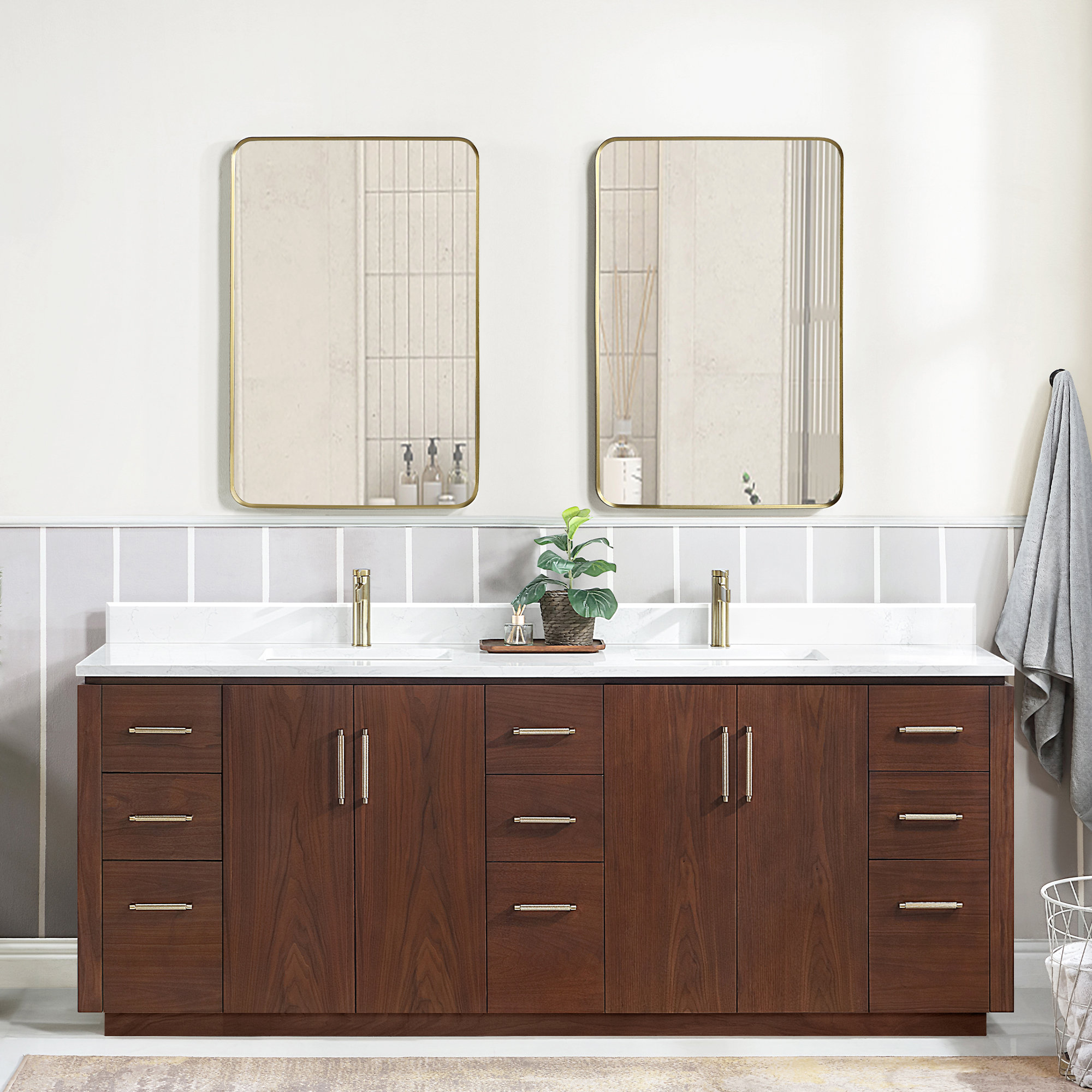 Cloverfield 84'' Double Bathroom Vanity, Gold, Natural Walnut