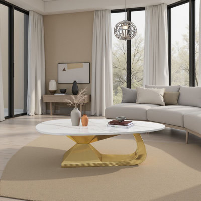 51" Modern Sintered Stone Coffee Table - Stainless Steel Base with Faux Marble Top(Sliver) by Everly Quinn