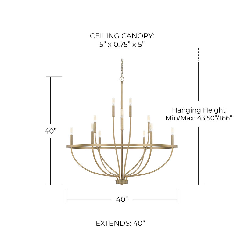 Lustre de style bougie Babson, Laiton vieilli, 12, H 40 po x l 40 po x P 40 po