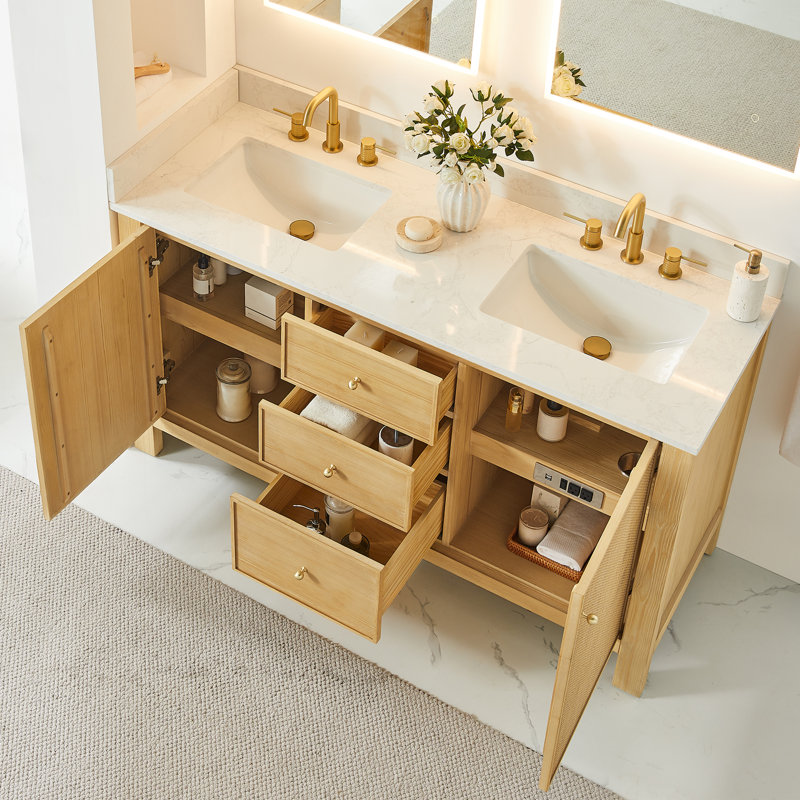 Meuble-lavabo double Cisca 60 po en bois naturel veiné, comptoir en pierre reconstituée blanche, sans miroir