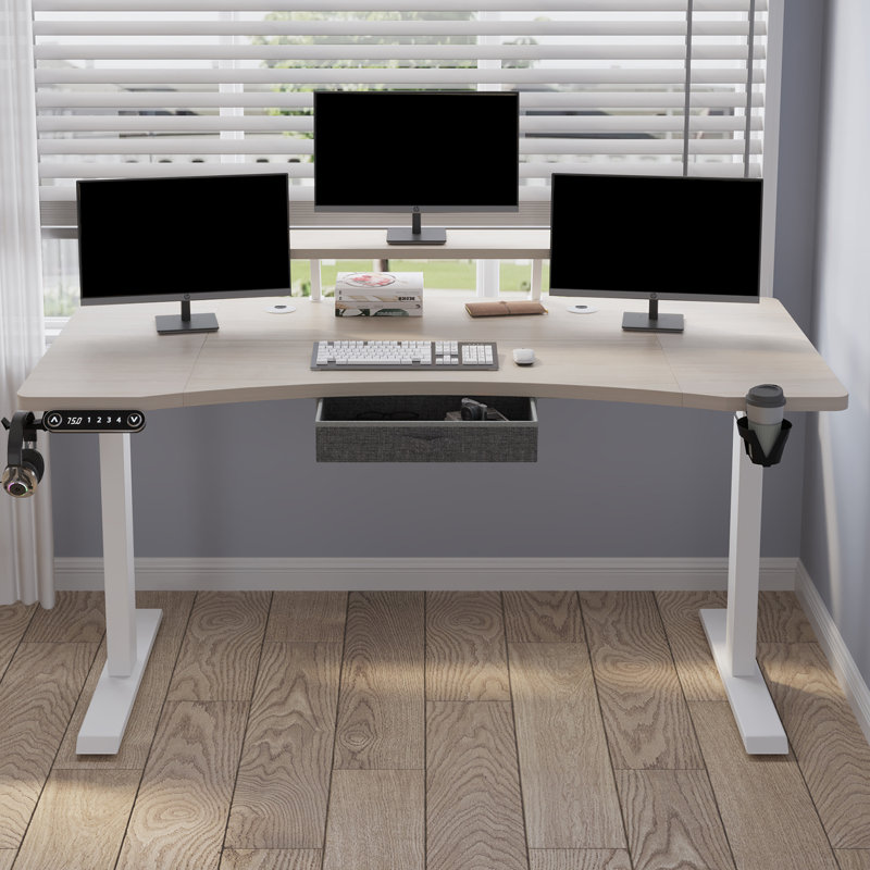 Modernchamp 63'' Dual Motor Height Adjustable Standing Desk With Laminate, Oak/White