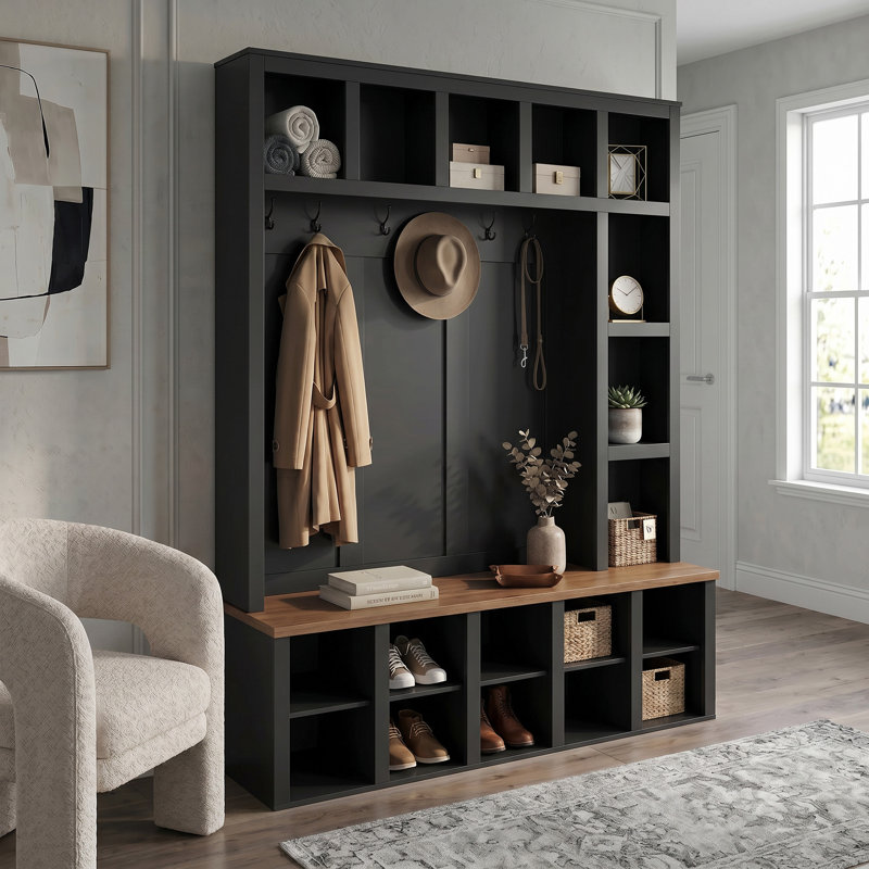 4-in-1 Hall Tree Fits Mudroom Living Room Use with Ample Storage & Sturdy Structure, Black