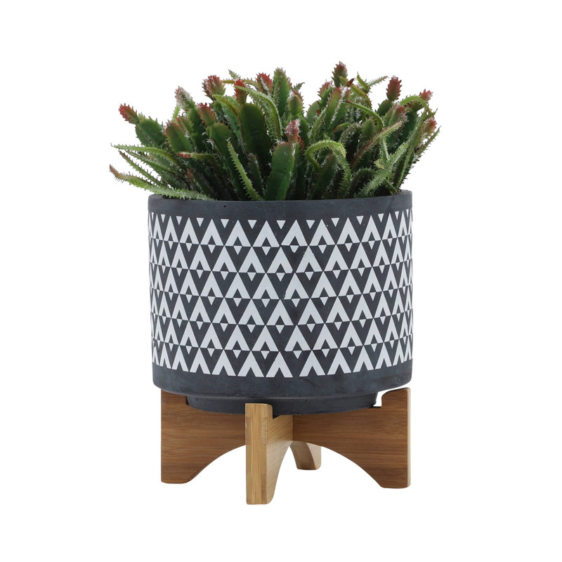 Ceramic Planter On Wooden Stand, 9" H x 8" W x 8" D