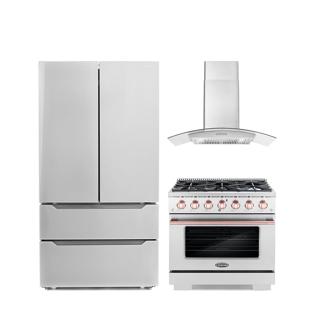 Cosmo 3 Piece Kitchen Appliance Package with French Door Refrigerator , 36'' Gas Freestanding Range , and Wall Mount Range Hood Cosmo 
