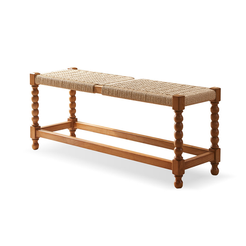 Beige Brown Solid Wood Linen Bench