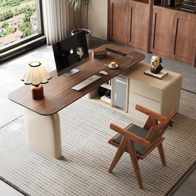 Bureau en bois manufacturé en L brun noisette + beige avec bureau à 3 tiroirs, Retour à droite