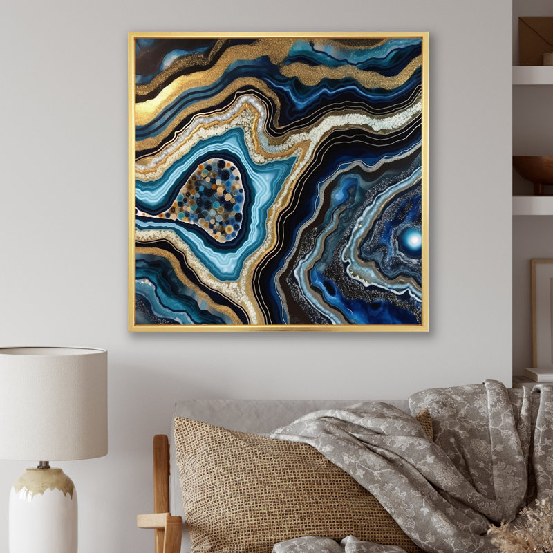 «Gold Blue Geode Gems - Stone Geode», reproduction sur toile encadrée, Cadre flottant doré, 36" H x 36" W