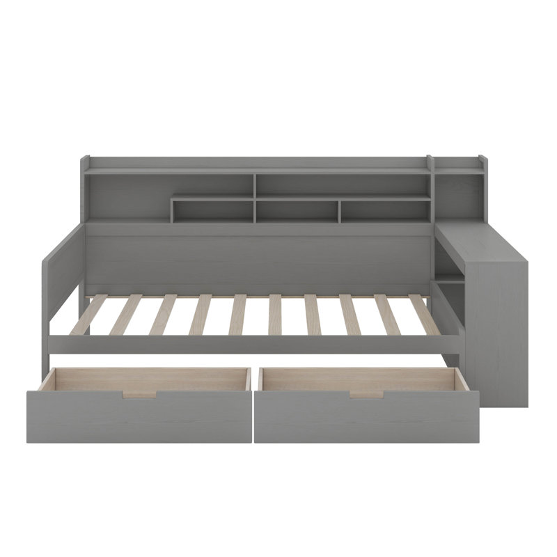 Lit de jour simple avec tablettes et tiroirs de rangement, Gris