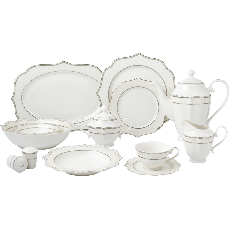 Elegant Silver Lace Porcelain Dinnerware Set, Service for 8