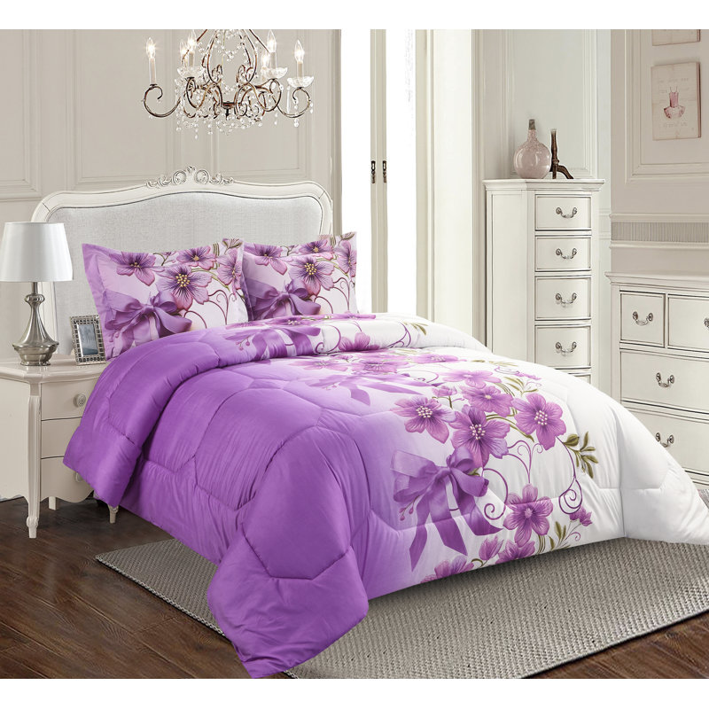 Printed Bedspreads 3 Piece Trendy Purple Comforter Bed Throw with Matching Pillow Shams, Double Bedspread + 2 Standard Shams