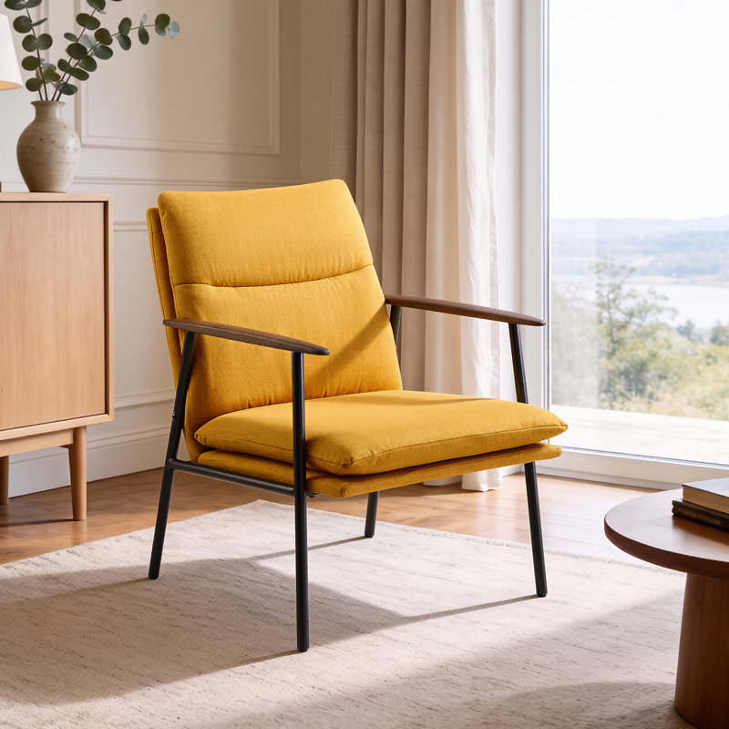 Fabric Upholstered Accent Armchair With Metal Frame And Wooden Armrests, Yellow