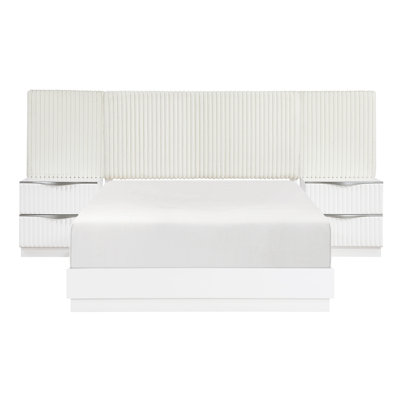 Luxurious Pearl White Finish 5pc King Wall Bed Set Soft Upholstery Headboard Panel Glam Bedroom Furniture