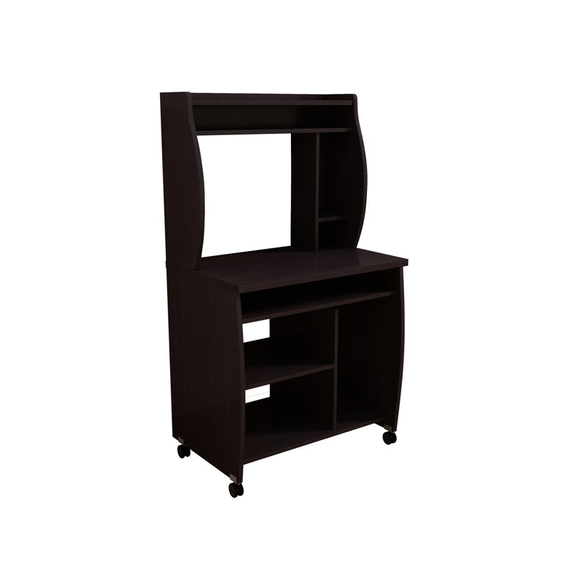 Chariot d'ordinateur avec tablette arrière ouverte pour four à micro-ondes et écran, quatre tablettes incluant un support à épices, roulettes verrouillables mobiles, finition ombragée, tiroir à ustensiles coulissant, matériau en panneau de particules, 30,01