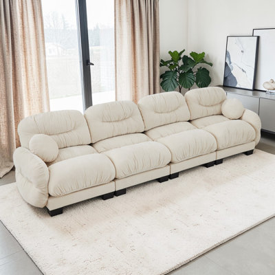Geneveve Pleated Design Cozy Chenille Fabric 4 Seater Modular Sofa With High-Density Foam Seat,Curved Round Armrests And 2 Round Pillows