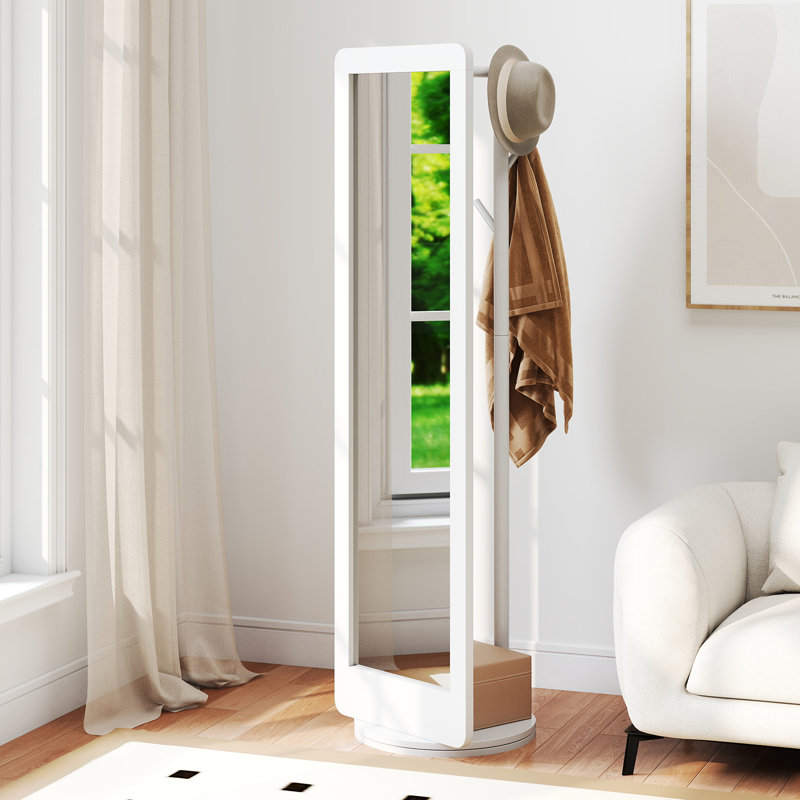 Full Length Mirror 2-In-1 Freestanding Dressing Mirror W/Coat Rack, White
