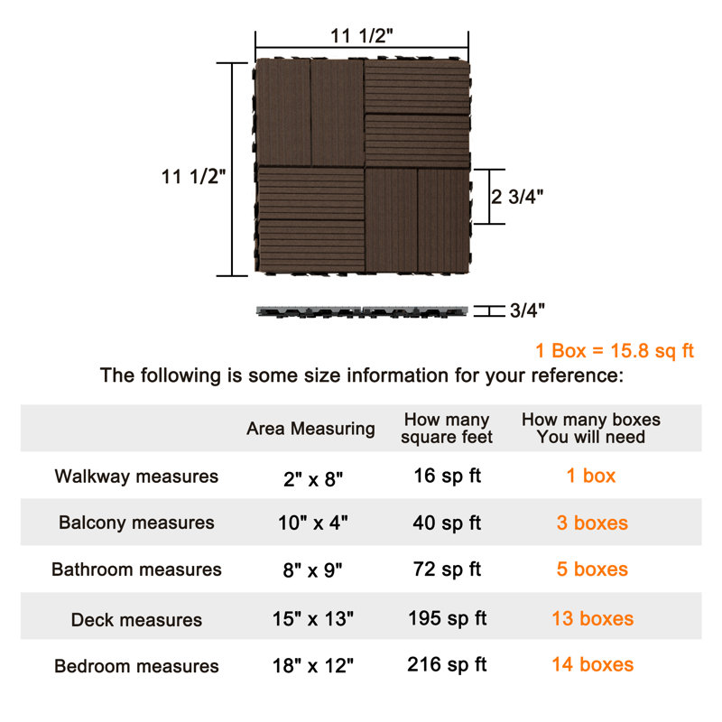 12'' L x 12'' W Composite Interlocking Deck Tile, Eight-grid Brown