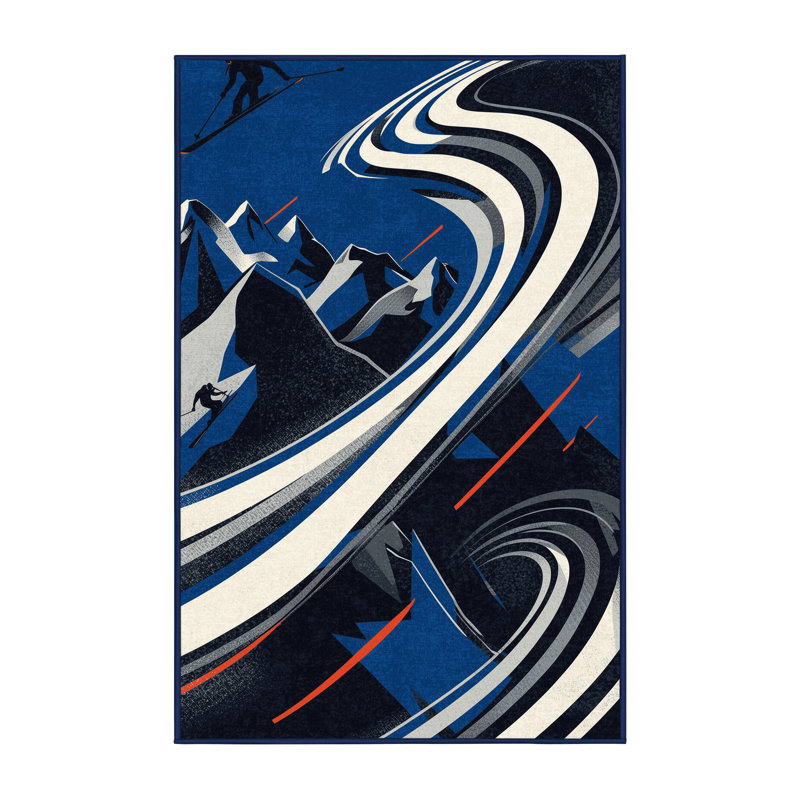 Machine Washable Aust Alpine Skiing Sleek & Chic Modern Arc Rug in Gray – Navy Binding, 5x7