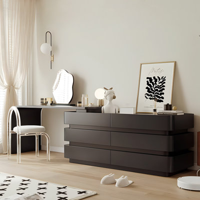 Meuble-lavabo de maquillage moderne extensible de 51,18 po à 90,55 po Rajni avec éclairage intégré, plusieurs espaces de rangement (6 tiroirs)