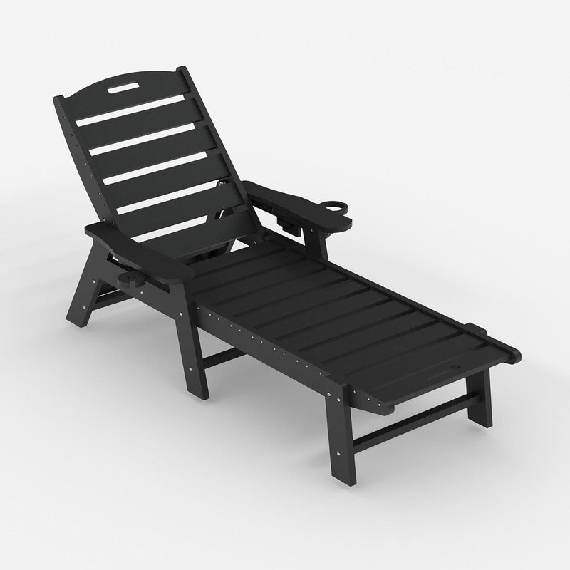 Chaise longue d'extérieur en PEHD pour l'extérieur, surdimensionnée à 5 positions avec porte-gobelet, Noir