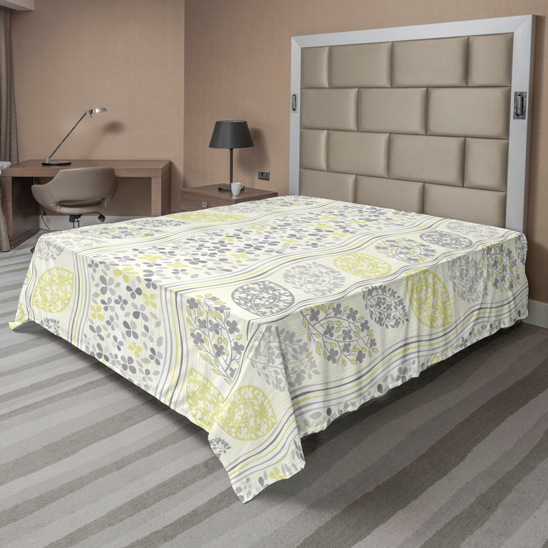 Ambesonne Top Flat Sheet Curving Art, Gray Green Floral, Queen Flat Sheet