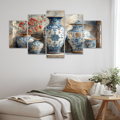 Pink Stately Floral Ceramic Vases - Morocco Pottery Canvas Wall Art Set