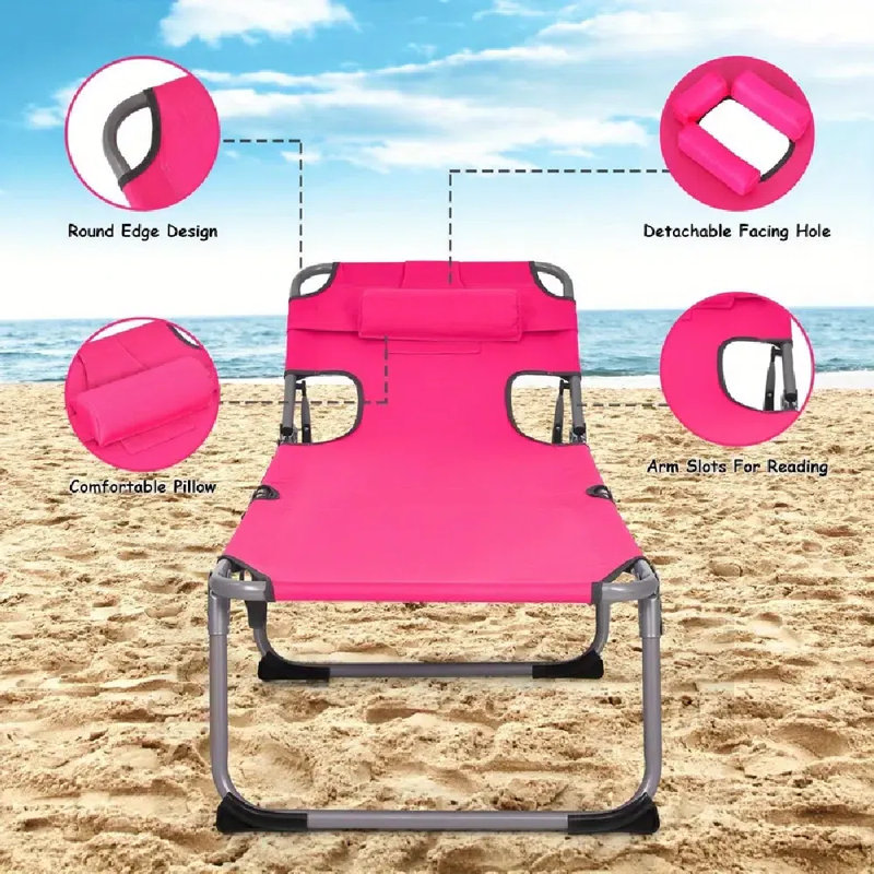 Chaise longue pliante d'extérieur avec coussin rose