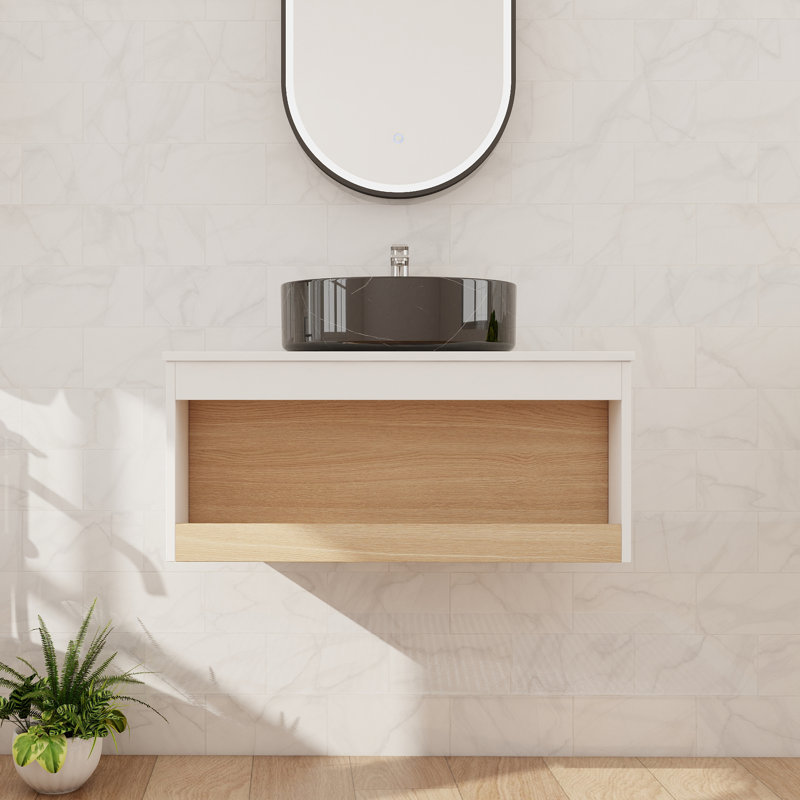 Meuble-lavabo mural simple 30 po avec lavabo en céramique et 1 tablette ouverte, L 30 po, Noir / Blanc