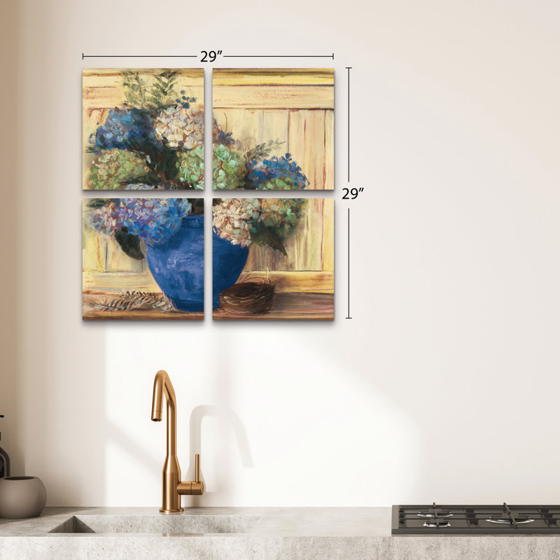 Ensemble de 4 panneaux muraux - Carol Rowan «Summer Hydrangea Blue Pot», art mural sur toile pour le salon, la chambre à coucher ou le bureau par Trademark Fine Art