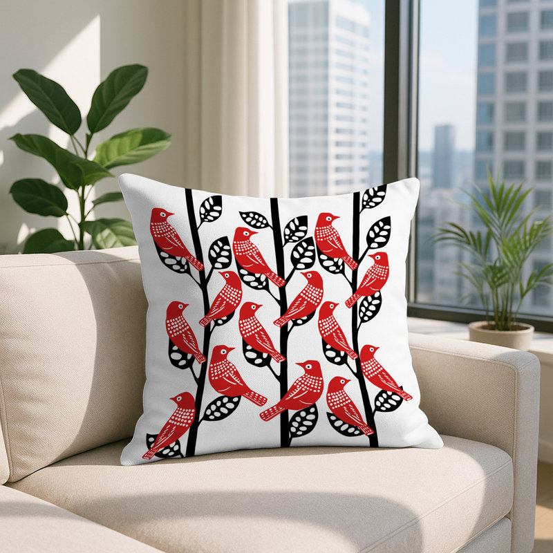 Oreiller carré réversible intérieur / extérieur Tanza Bird, Carré 19 po, Rouge