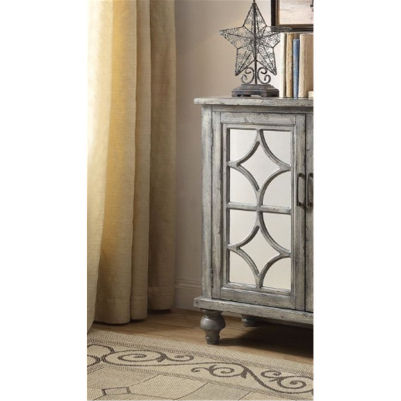 Exquisite Console Table with Mirrored Doors and Diamond Trim Inlay, Supported by Wooden Bun Turned Legs for Durable and Stylish Use