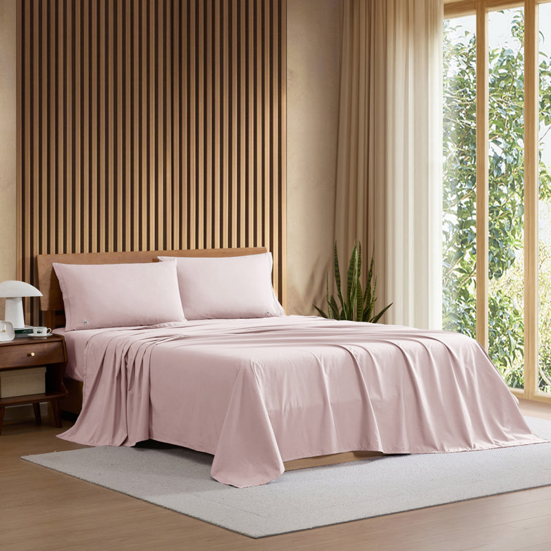 Lacoste Cotton Percale Sheet Set, Crisp Feel & Breathable Bedding, Deep Pocket Fitted Sheet, Iced Pink, Queen, Iced Pink