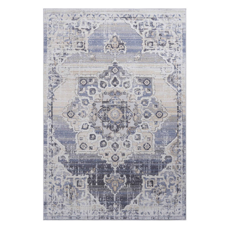 Collection Cream/Blue /Medallion Non-Shedding Living Room Bedroom Dining Home Office Stylish And Stain Resistant Area Rug