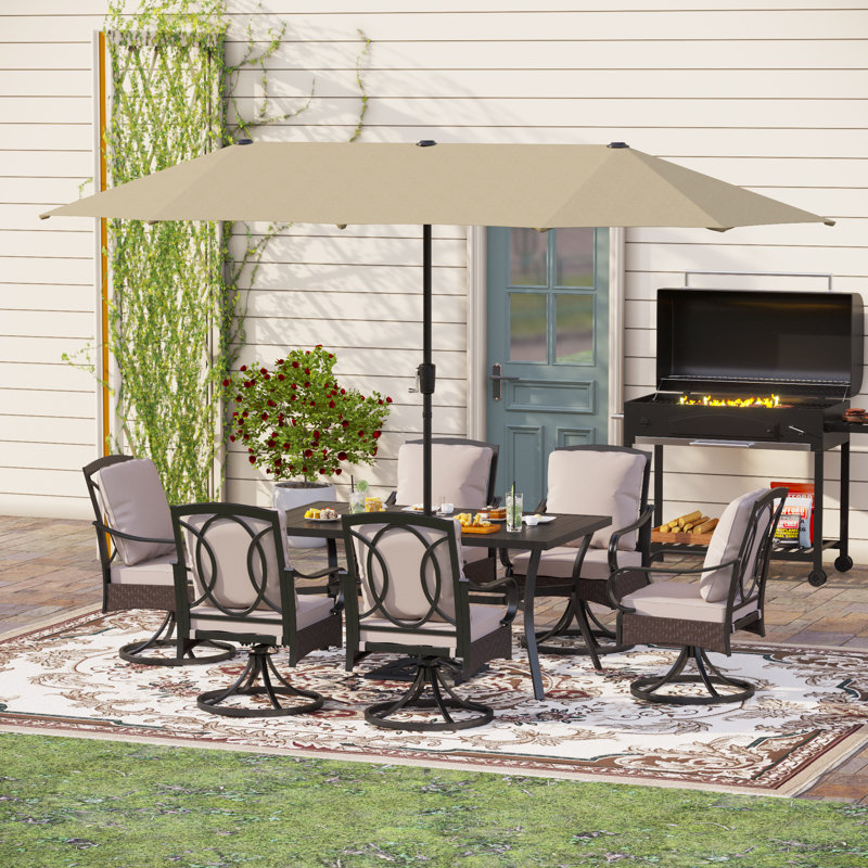 Ensemble de salle à manger rectangulaire pour 6 personnes de 60 po avec coussins et parasol Leonard, Beige