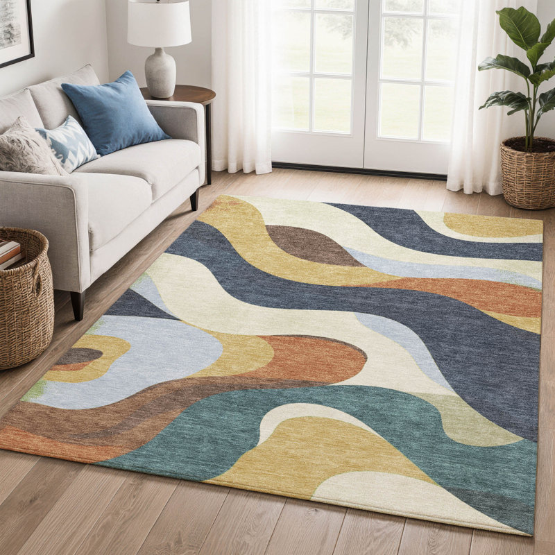 Premium Machine Washable Mayfield AMF2186 swirls Rug, Gold, 5' x 7'6"