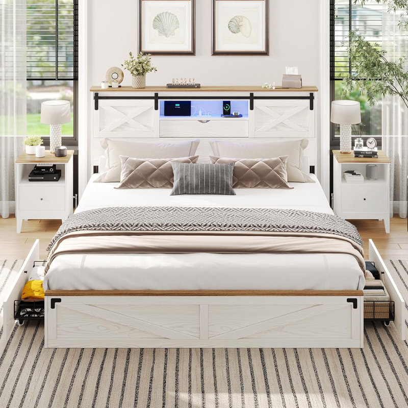 Farmhouse Bed Frame With Led Lights And Charging Station, Wooden Platform Bed With 2 Storage Drawers, Rustic Accent Headboard With Sliding Barn Door Storage Cabinets, White