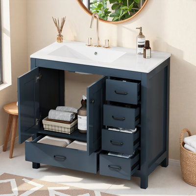 Meuble-lavabo simple 36 po avec plateau en céramique, 5 tiroirs et 2 portes