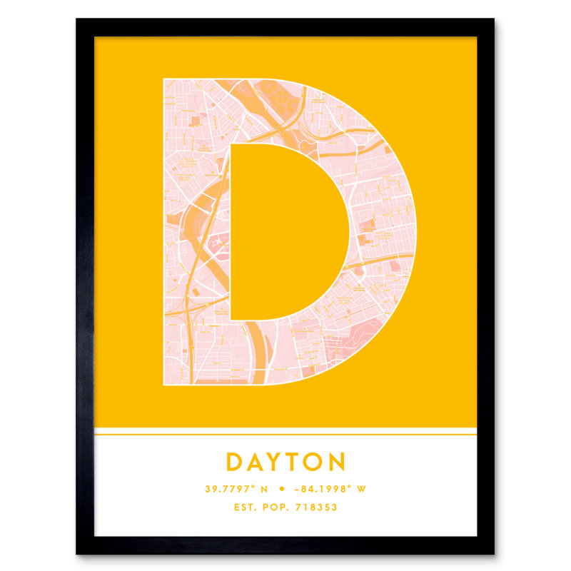 Dayton Ohio United States City Map Yellow 1 Piece Single Picture Frame Wall Art