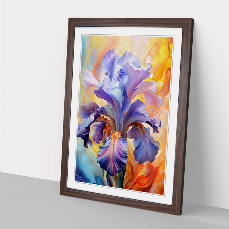 Iris Flower Futurism No.3 - Single Picture Frame Print on Wood, Walnut Framed, 64cm H x 46cm W x 2cm D