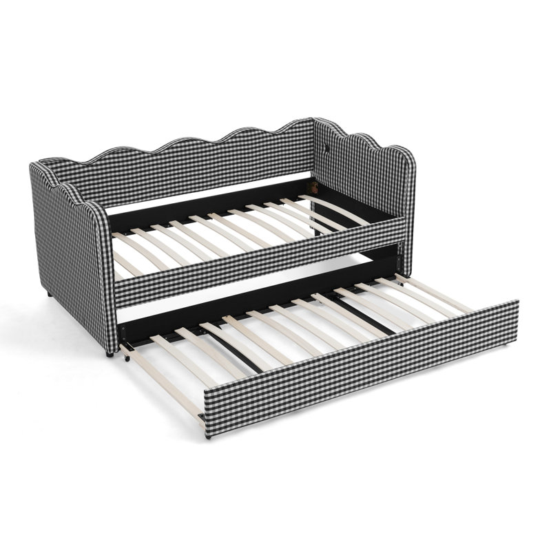 Cozy Gingham Daybed With Trundle Twin Size Sofa Bed No Box Spring Needed, With USB Port And Adorable Wave Shaped, Linen Fabric, Black
