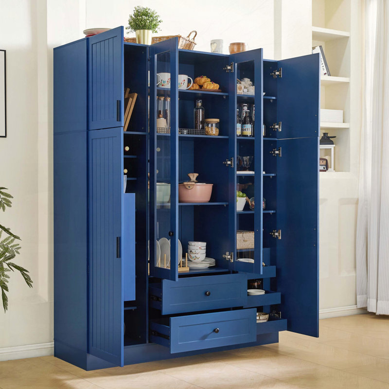 Grand garde-manger moderne avec 6 portes et support à vin, Bleu