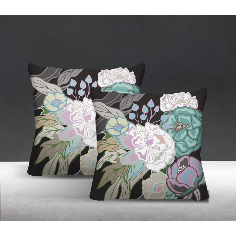 Oreiller carré intérieur / extérieur Nouvel Floral, Noir, vert et mauve, L 19 po x H 19 po