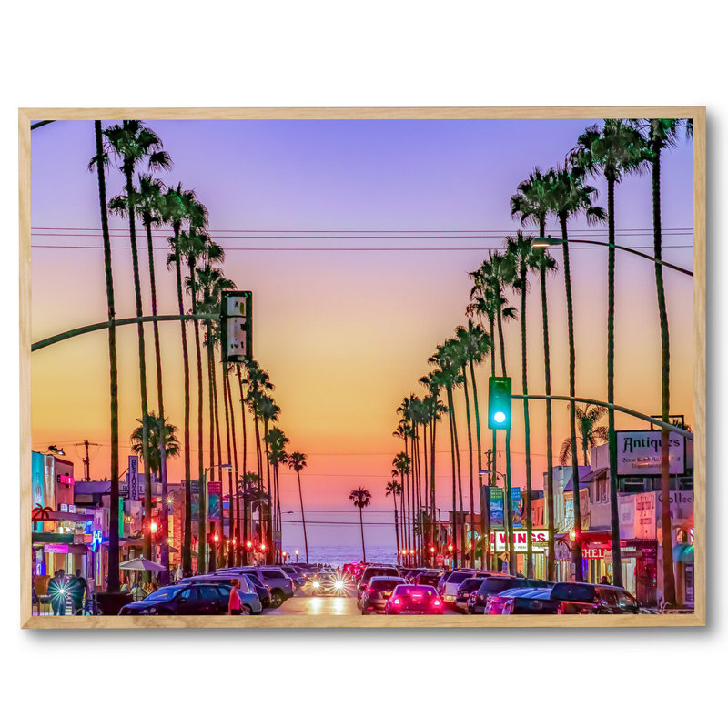 Newport Avenue, Ocean Beach Sunset Print by Brian Mc Clean, Natural Floater Framed Canvas, 32" H x 42" W, No Mat